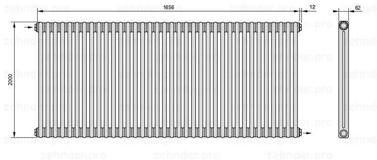 Схема (чертеж) Радиатор Zehnder Charleston 2200/36 №1670 Белый глянцевый RAL 9016